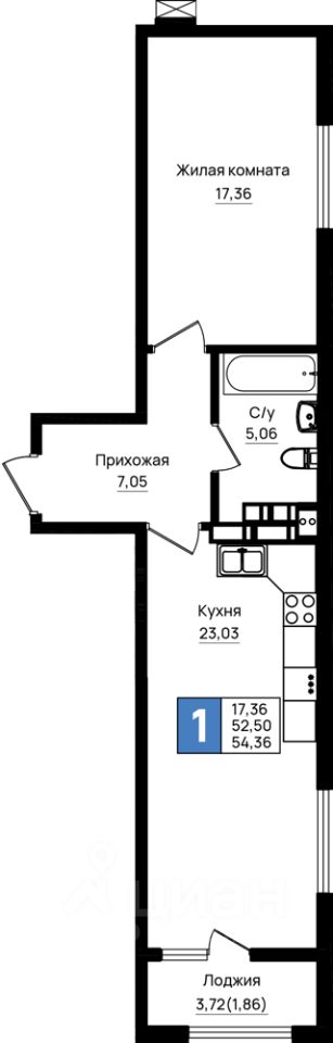1-комн.кв., 54,4 м², 10/18 этаж