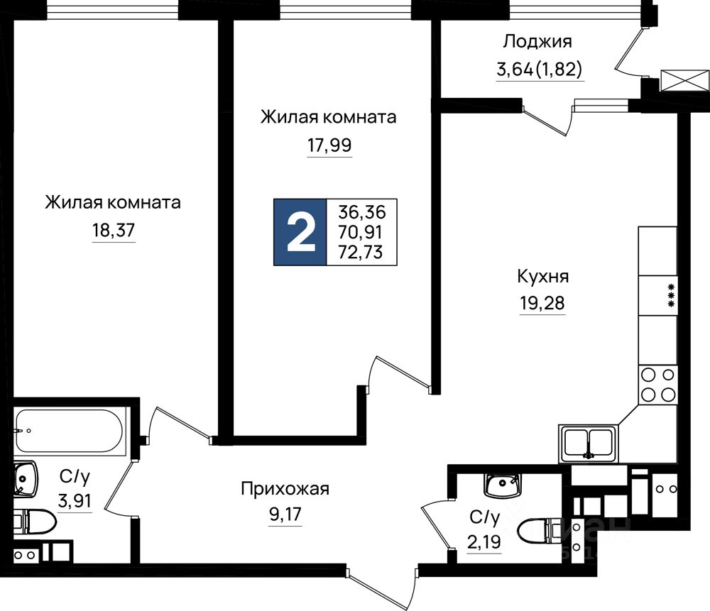 2-комн.кв., 72,7 м², 4/18 этаж