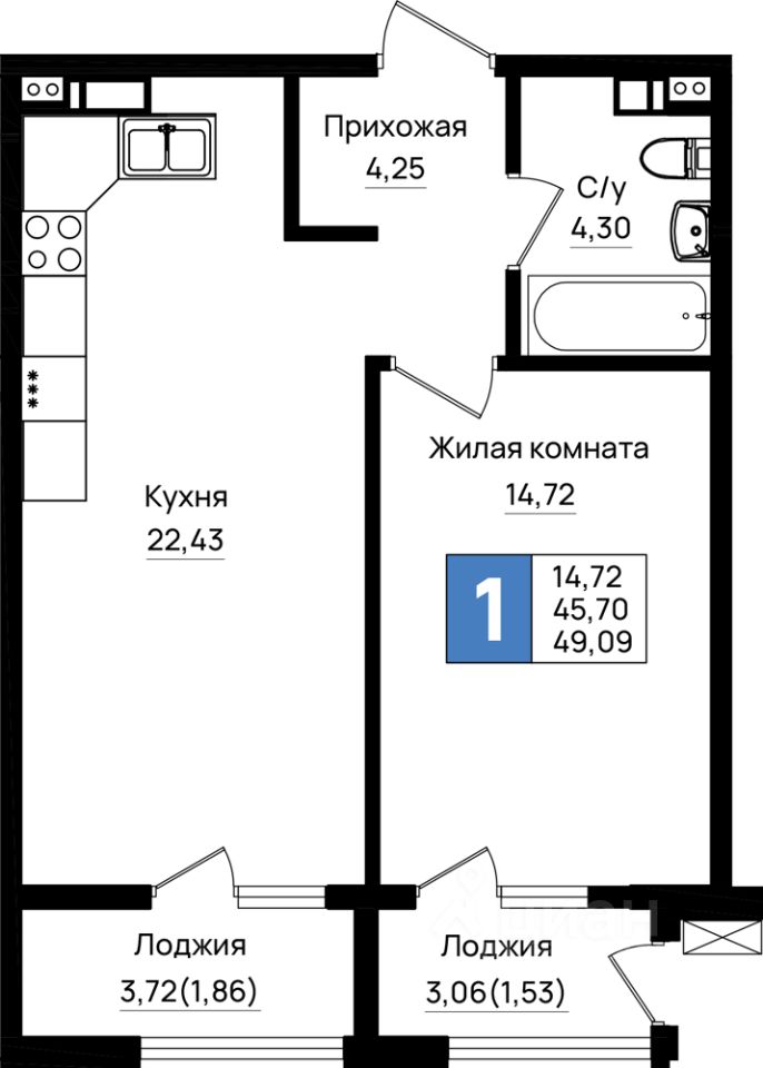 1-комн.кв., 49,1 м², 7/18 этаж