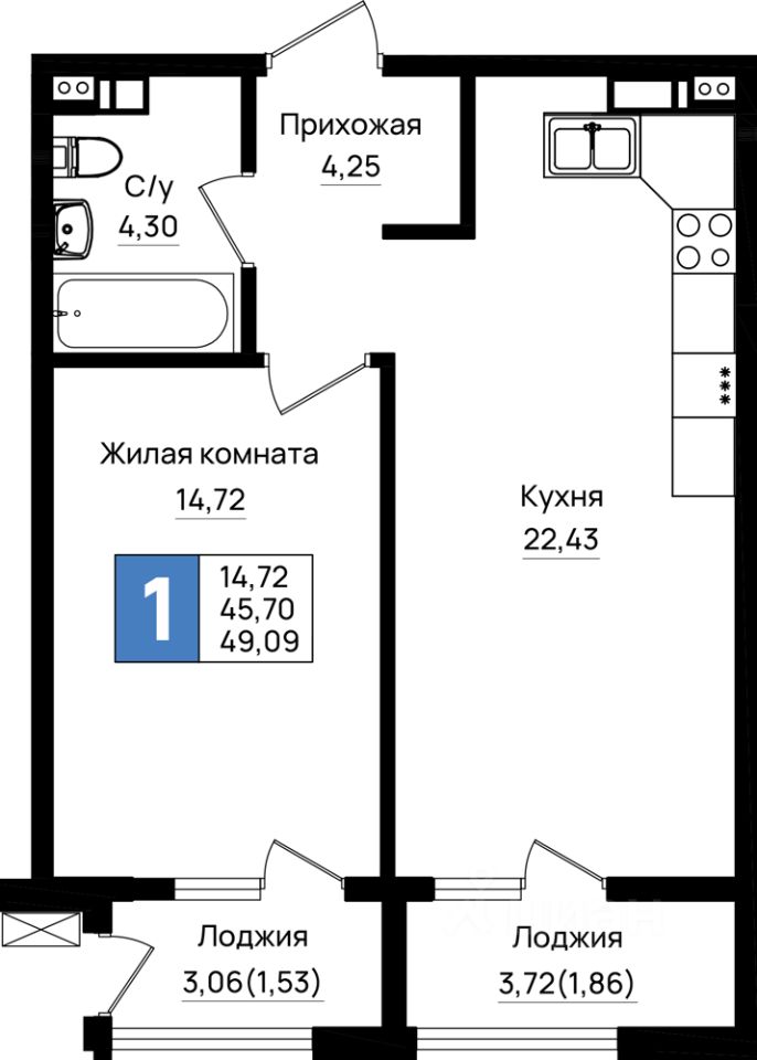 1-комн.кв., 49,1 м², 7/18 этаж