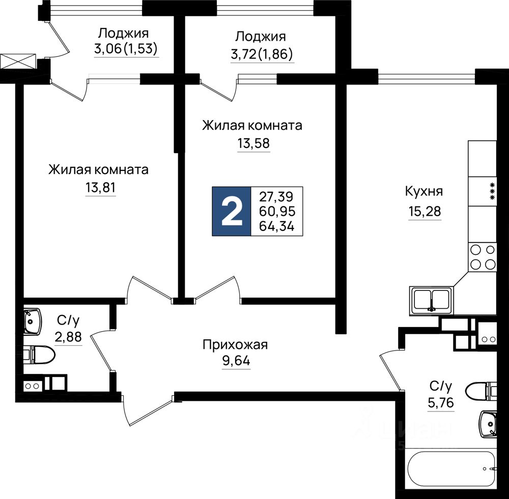 2-комн.кв., 64,3 м², 2/9 этаж