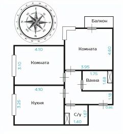 2-комн.кв., 58 м², этаж 4