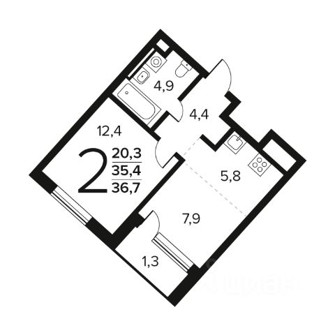 2-комн. кв, 36,7/20,3/5,8 кв.м., этаж 12/2