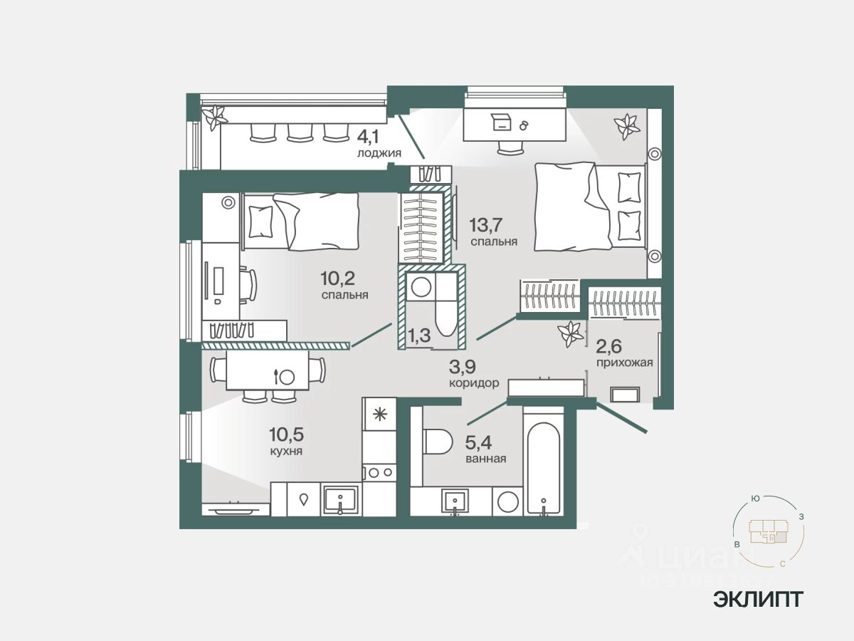 1-комн.кв., 49,7 м², 4/4 этаж