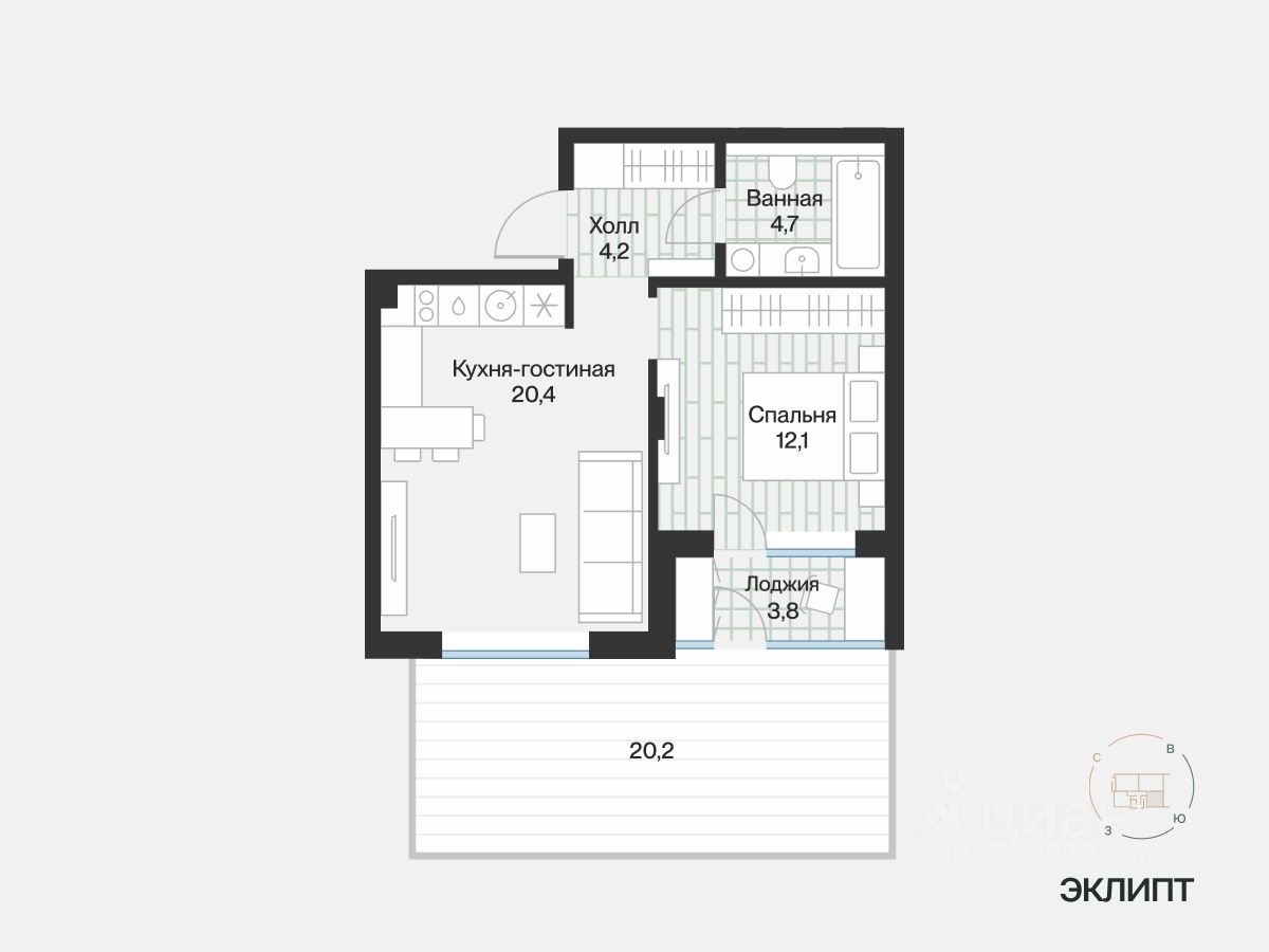 1-комн.кв., 43,2 м², 1/4 этаж