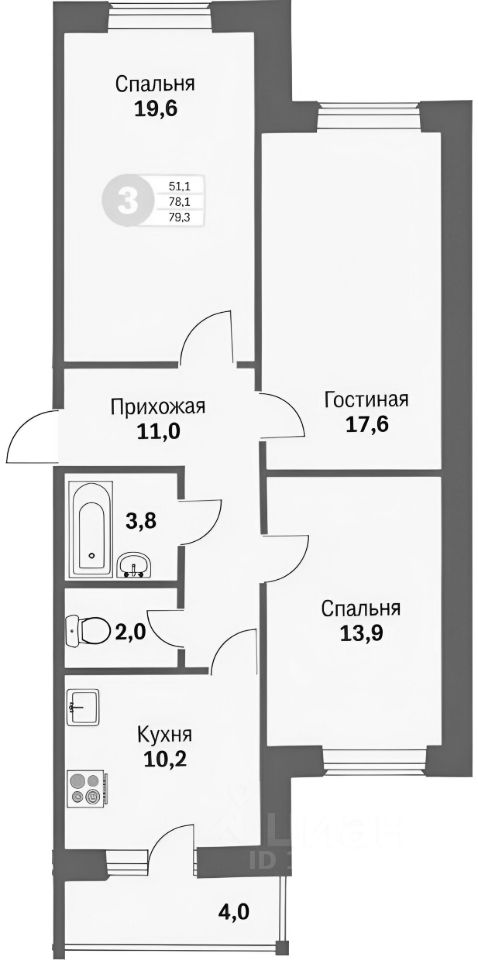 Планировка этой квартиры по данным Циан
