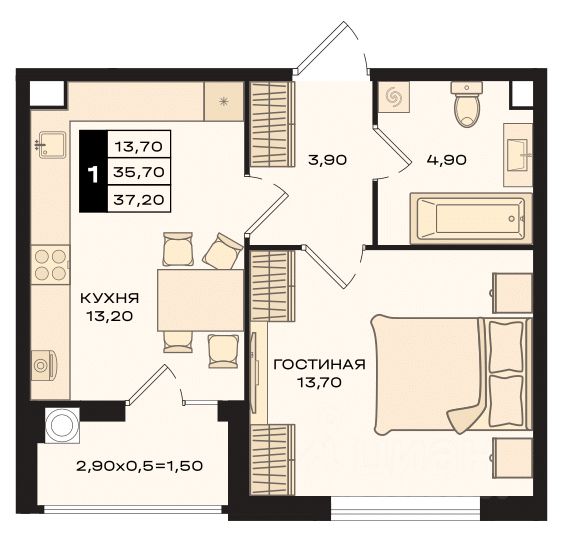 1-комн.кв., 36,7 м², 12/22 этаж