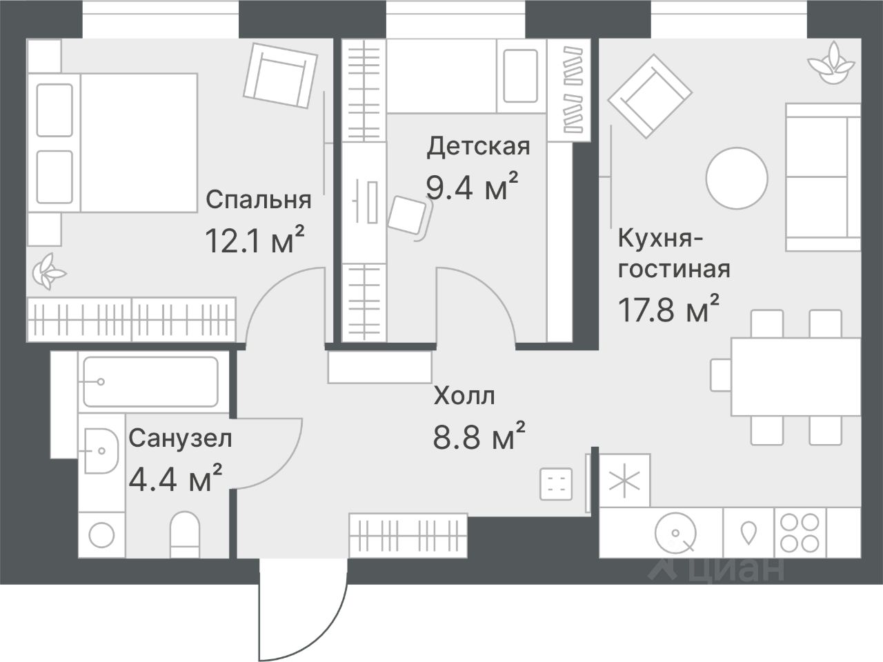 2-комн.кв., 52,5 м², 11/14 этаж