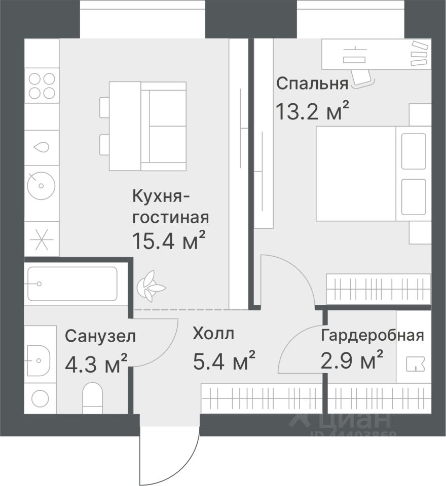 1-комн.кв., 41,2 м², 7/14 этаж