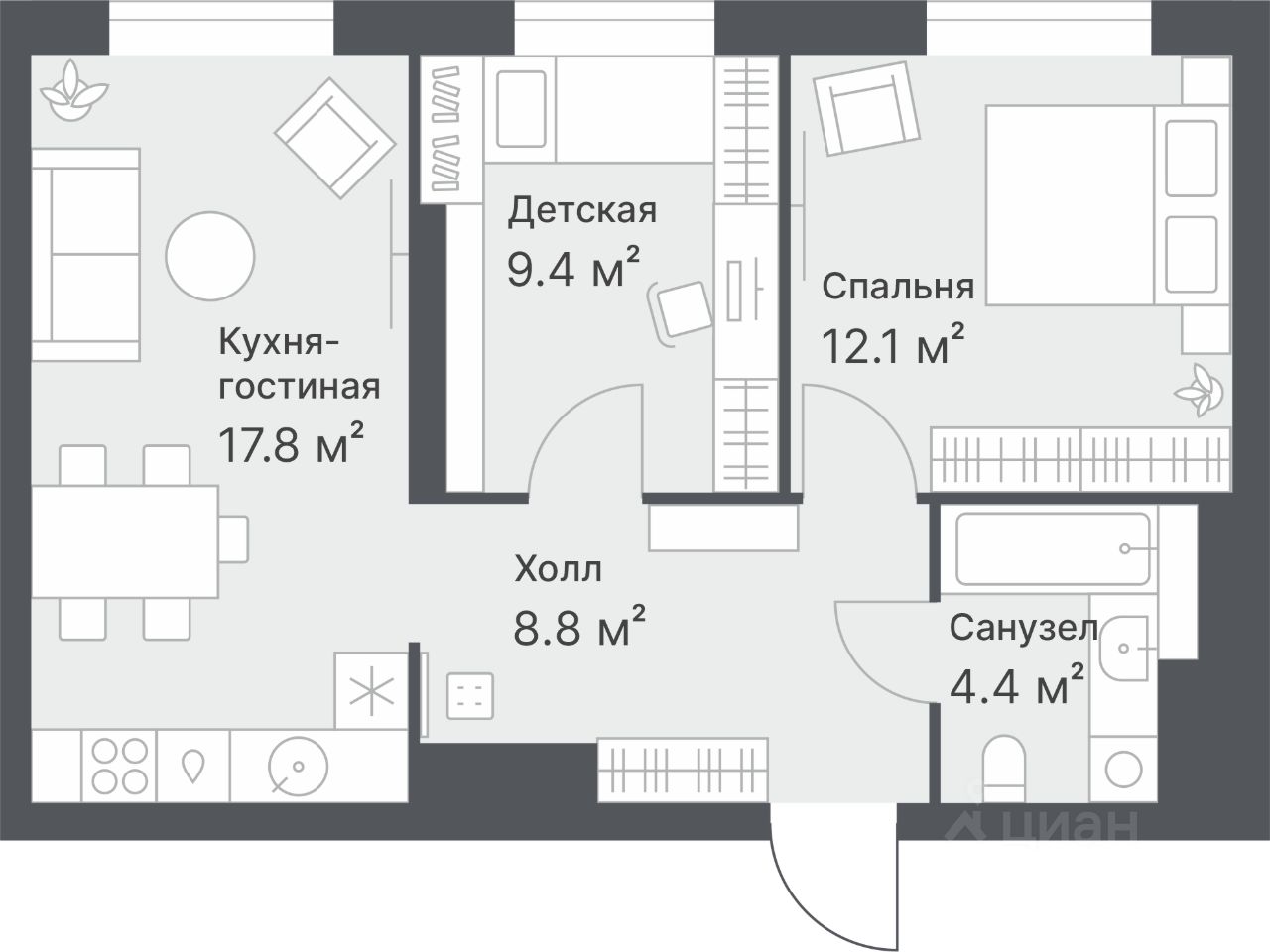 2-комн.кв., 52,9 м², 10/14 этаж