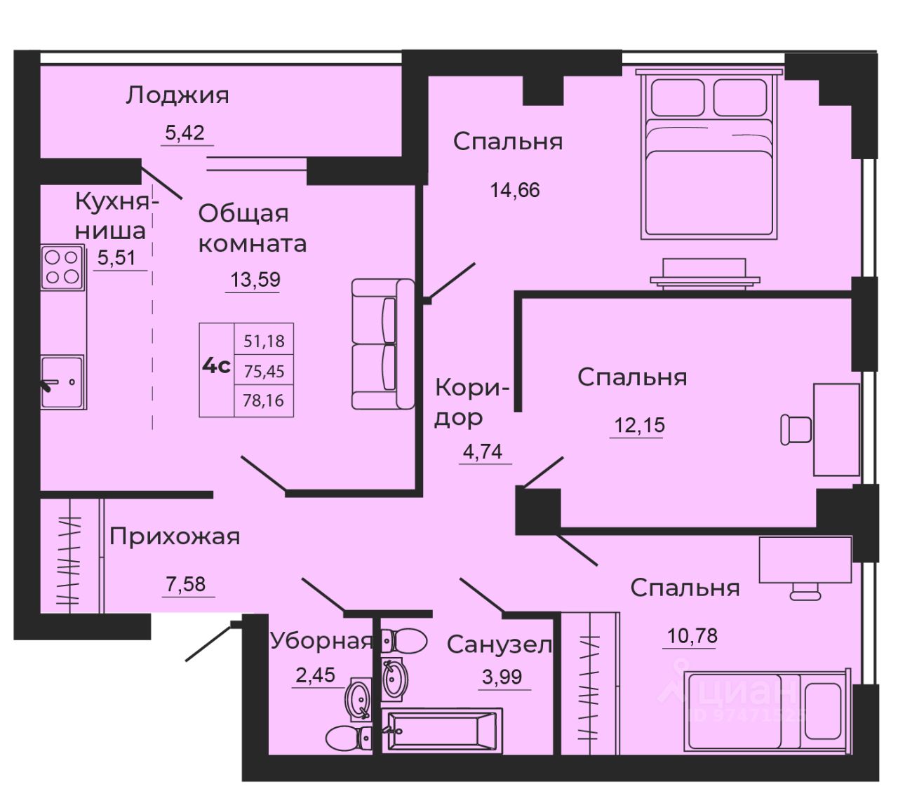4-комн.кв., 78,2 м², 6/24 этаж
