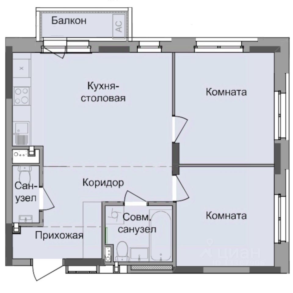 2-комн.кв., 55,6 м², 2/17 этаж