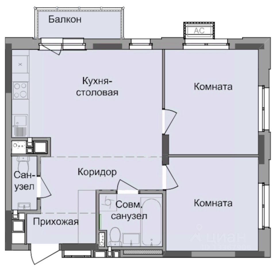 2-комн.кв., 55 м², 3/17 этаж