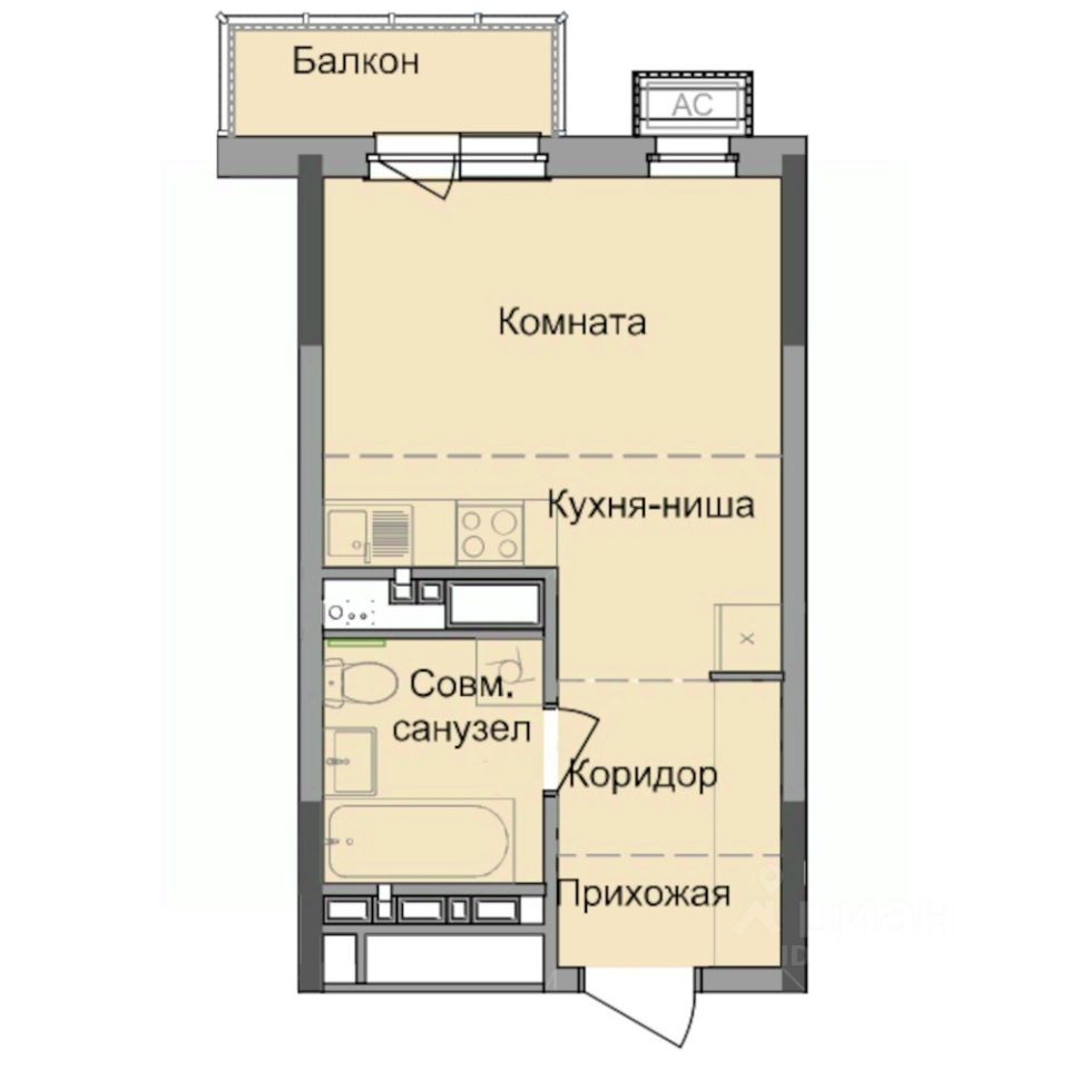 Студия, 26,2 м², 16/17 этаж
