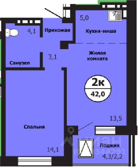 2-комн.кв., 42 м², 3/19 этаж