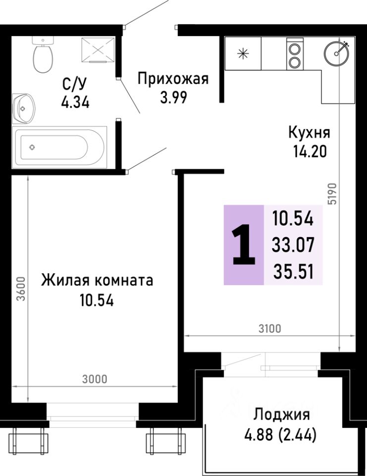 1-комн.кв., 35,5 м², 3/4 этаж