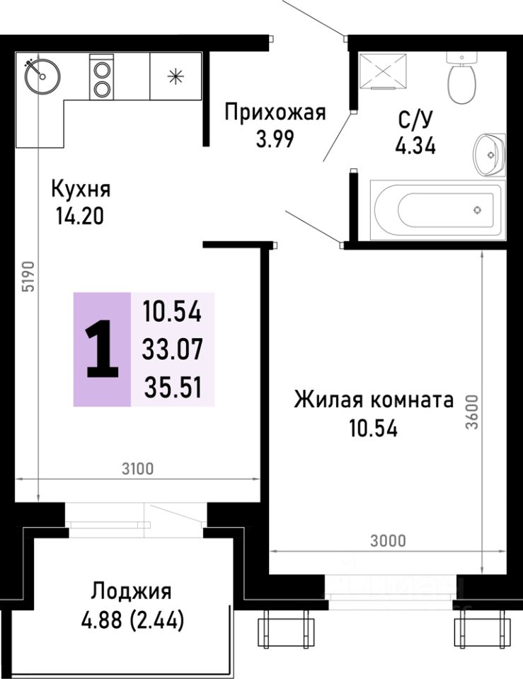 1-комн.кв., 35,5 м², 3/4 этаж