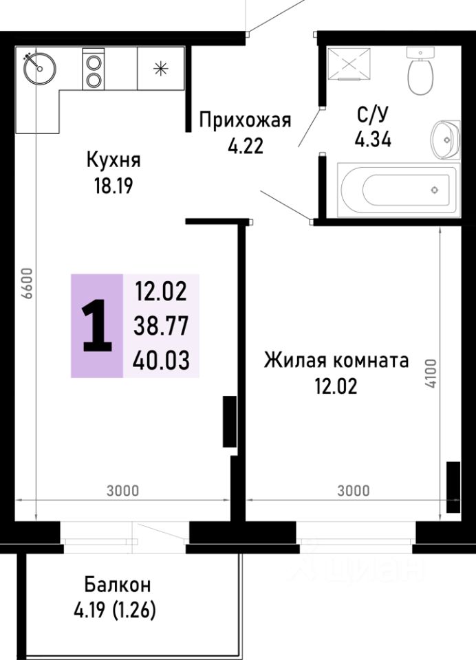 1-комн.кв., 40 м², 3/4 этаж