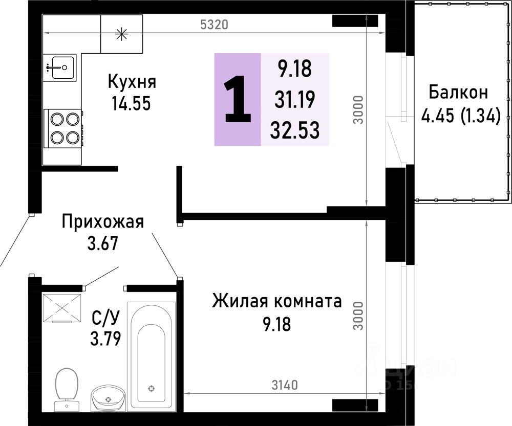 1-комн.кв., 32,5 м², 4/4 этаж
