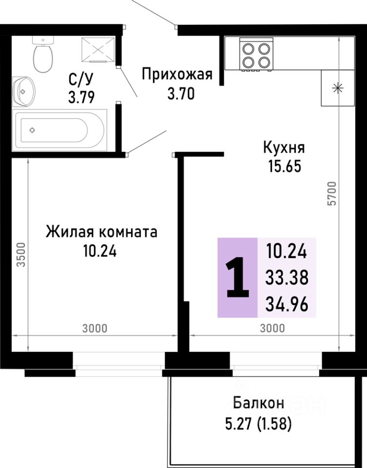 1-комн.кв., 35 м², 4/4 этаж