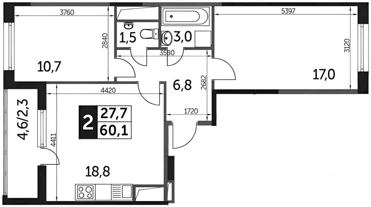 Планировка этой квартиры по данным Циан