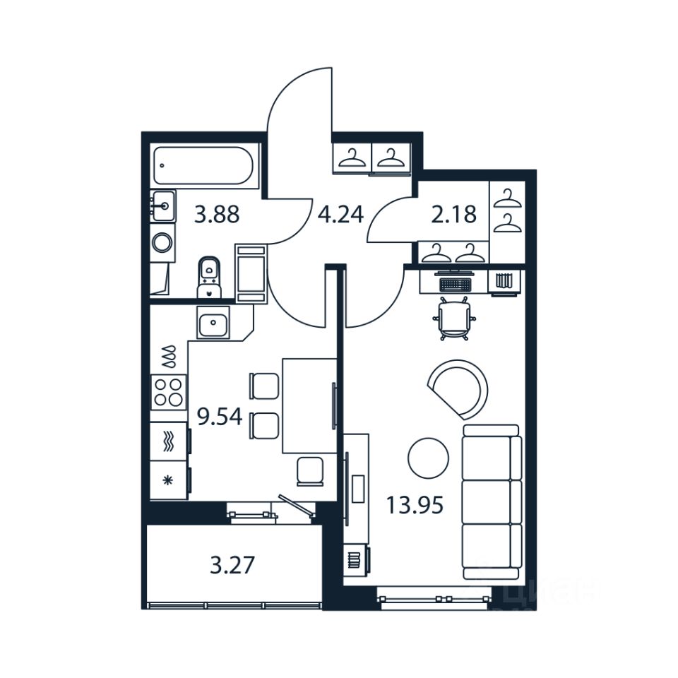 1-комн.кв., 33,3 м², 3/12 этаж