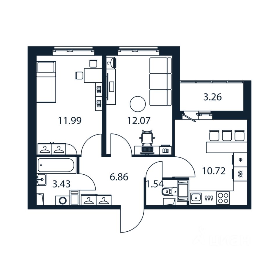 2-комн.кв., 45,7 м², 2/12 этаж