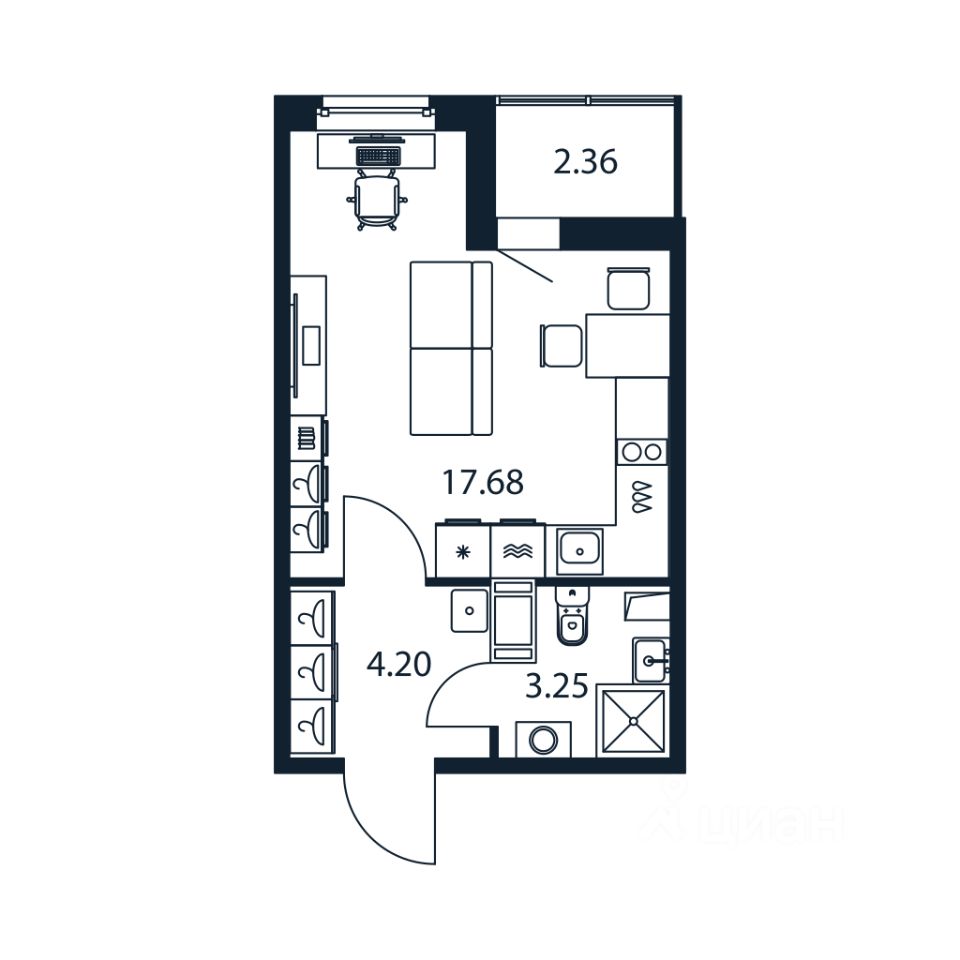 Студия, 24,7 м², 6/12 этаж