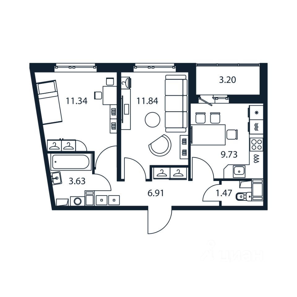 2-комн.кв., 44,3 м², 12/12 этаж