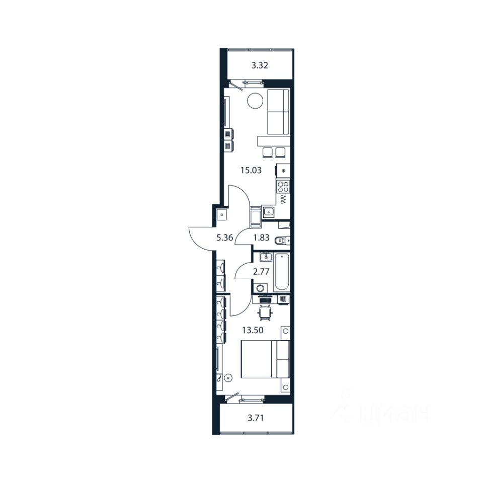 1-комн.кв., 38,2 м², 8/12 этаж
