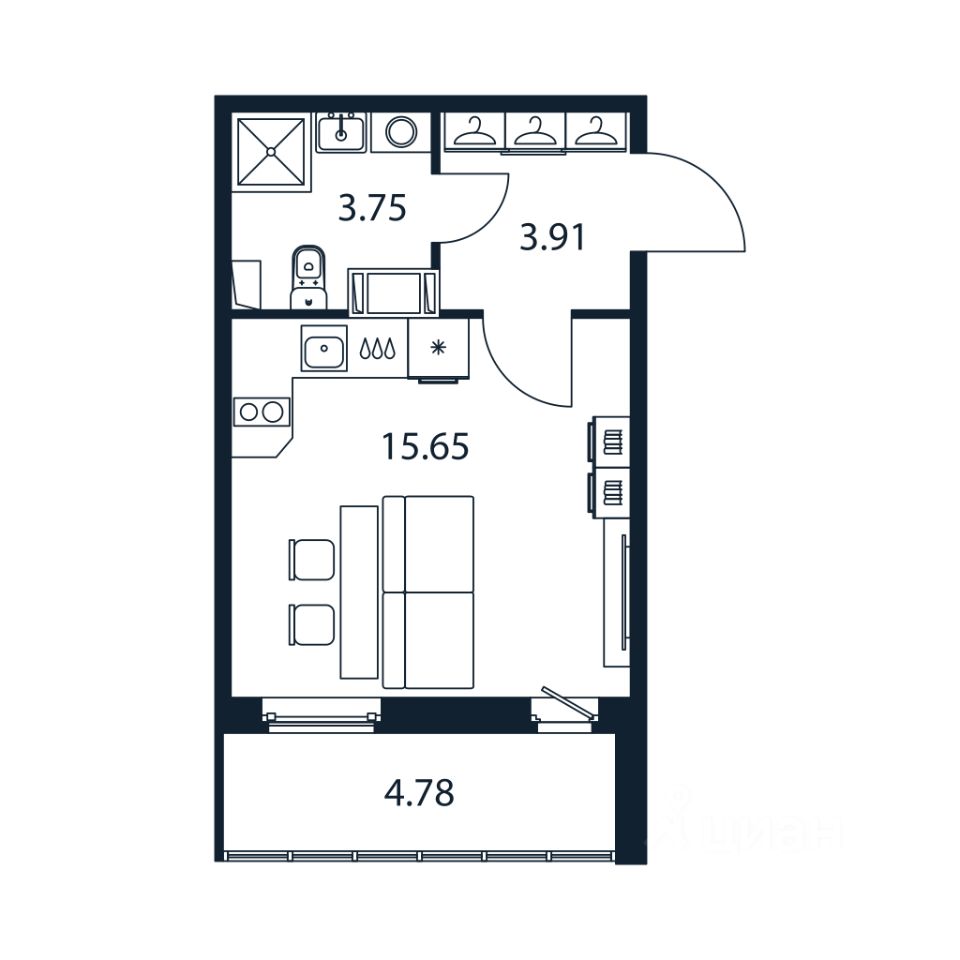 Студия, 22,9 м², 9/12 этаж