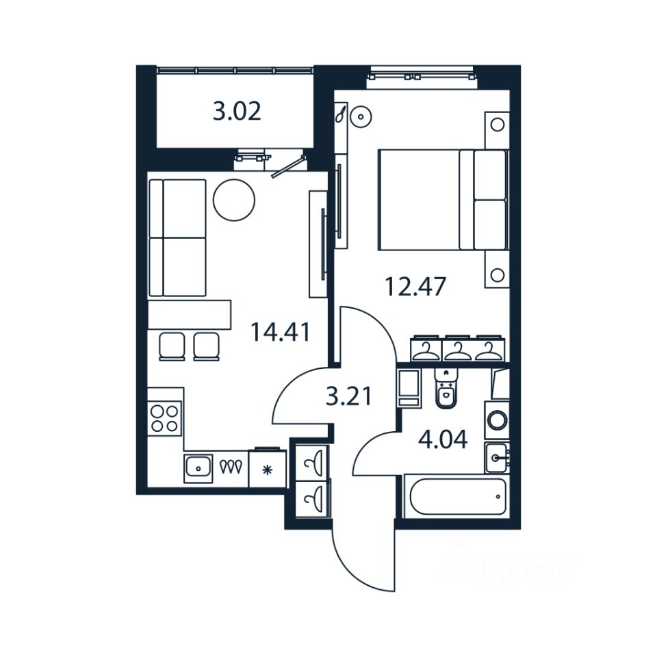 1-комн.кв., 33,5 м², 4/12 этаж