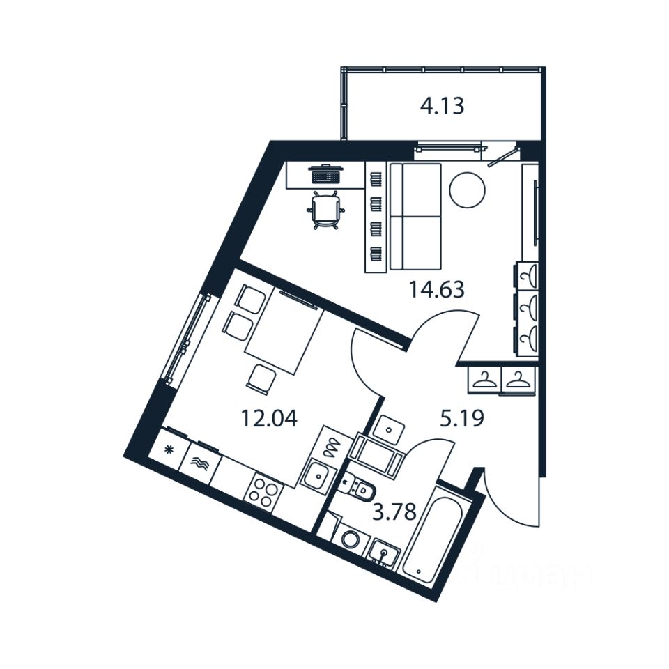 1-комн.кв., 35,2 м², 4/12 этаж