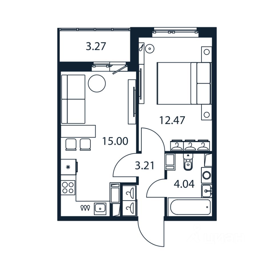 1-комн.кв., 34,1 м², 3/12 этаж