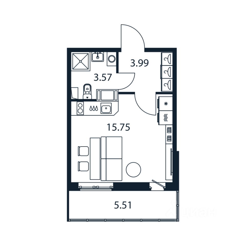 Студия, 22,9 м², 10/12 этаж