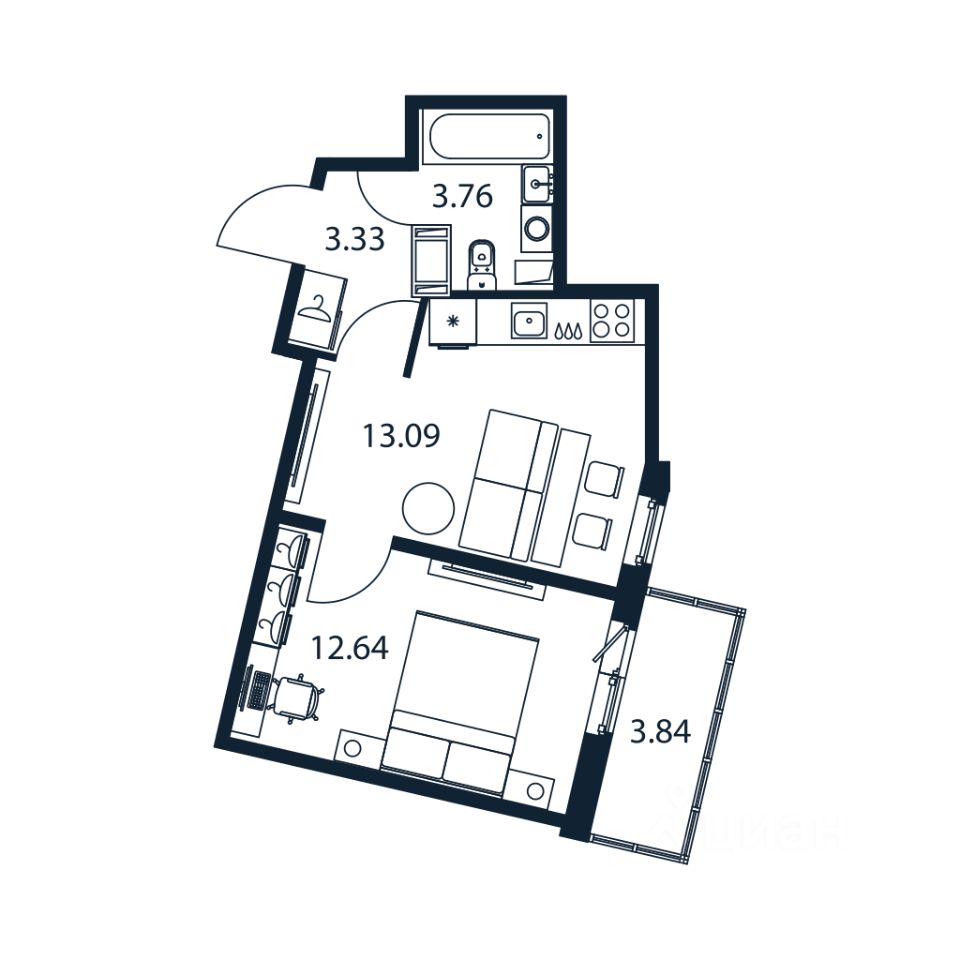 1-комн.кв., 32,5 м², 3/12 этаж