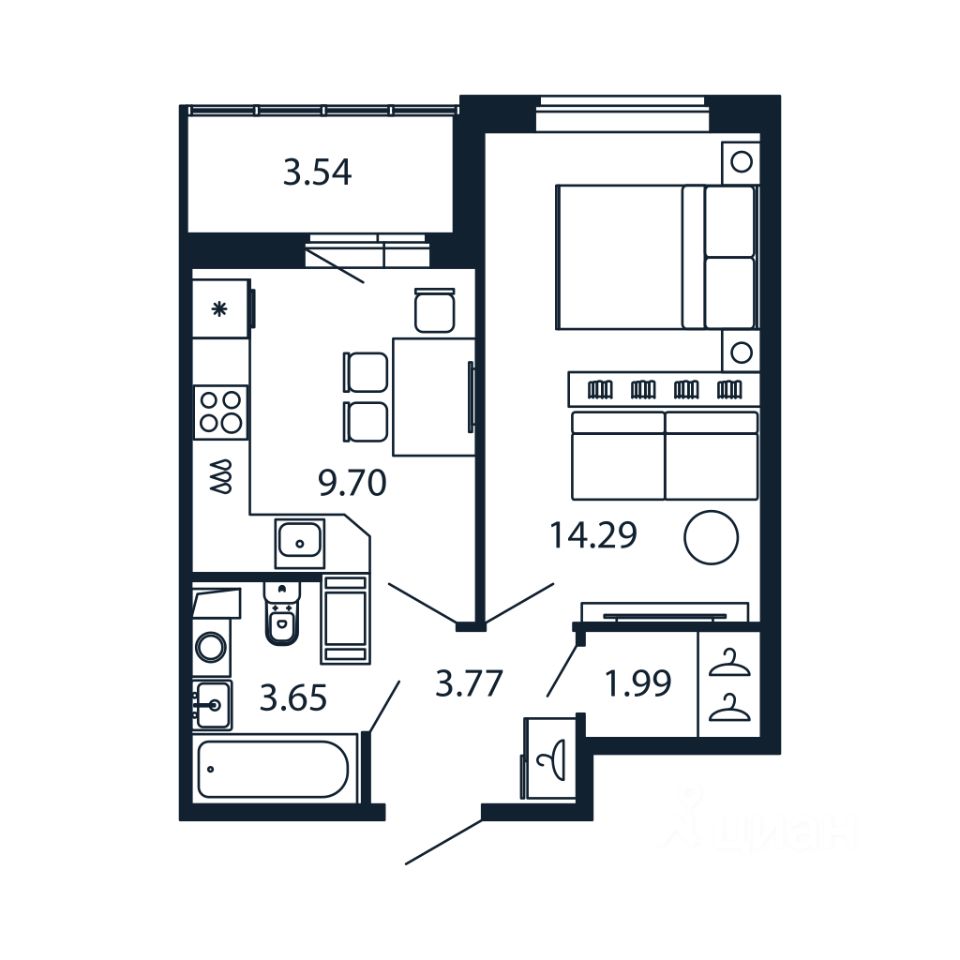 1-комн.кв., 32,7 м², 6/12 этаж