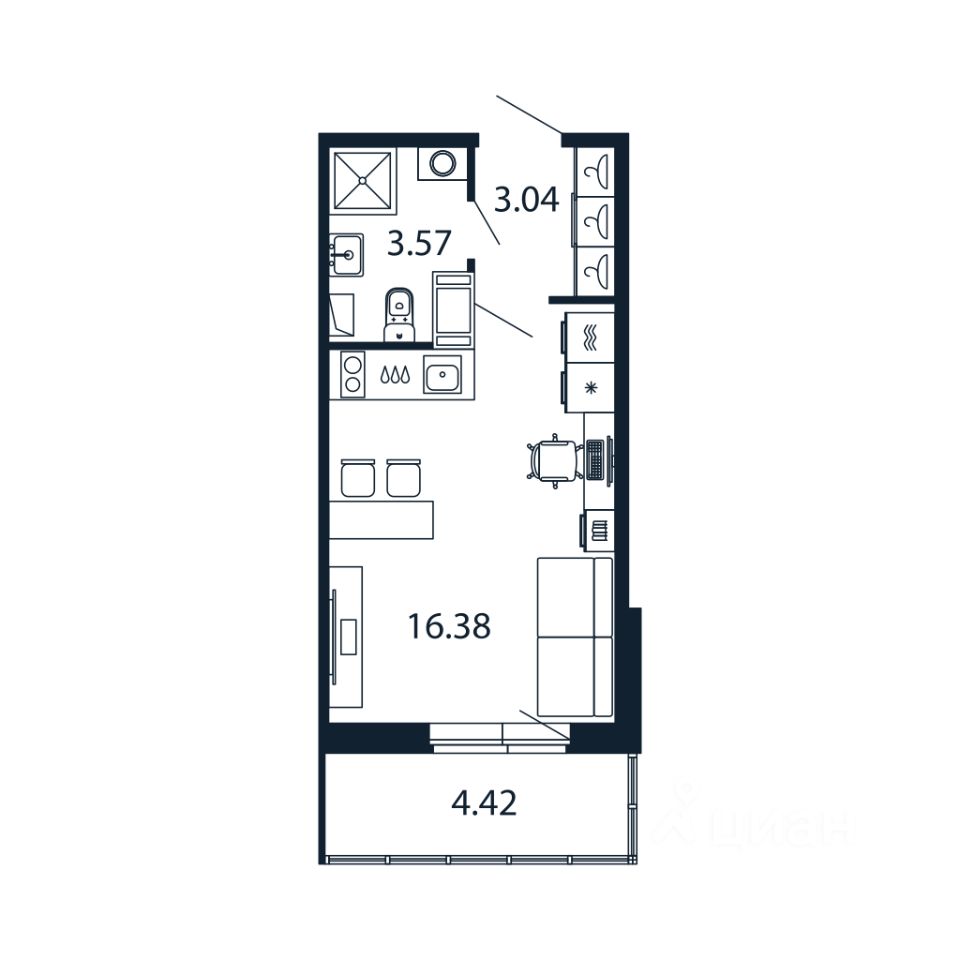 Студия, 22,5 м², 4/12 этаж