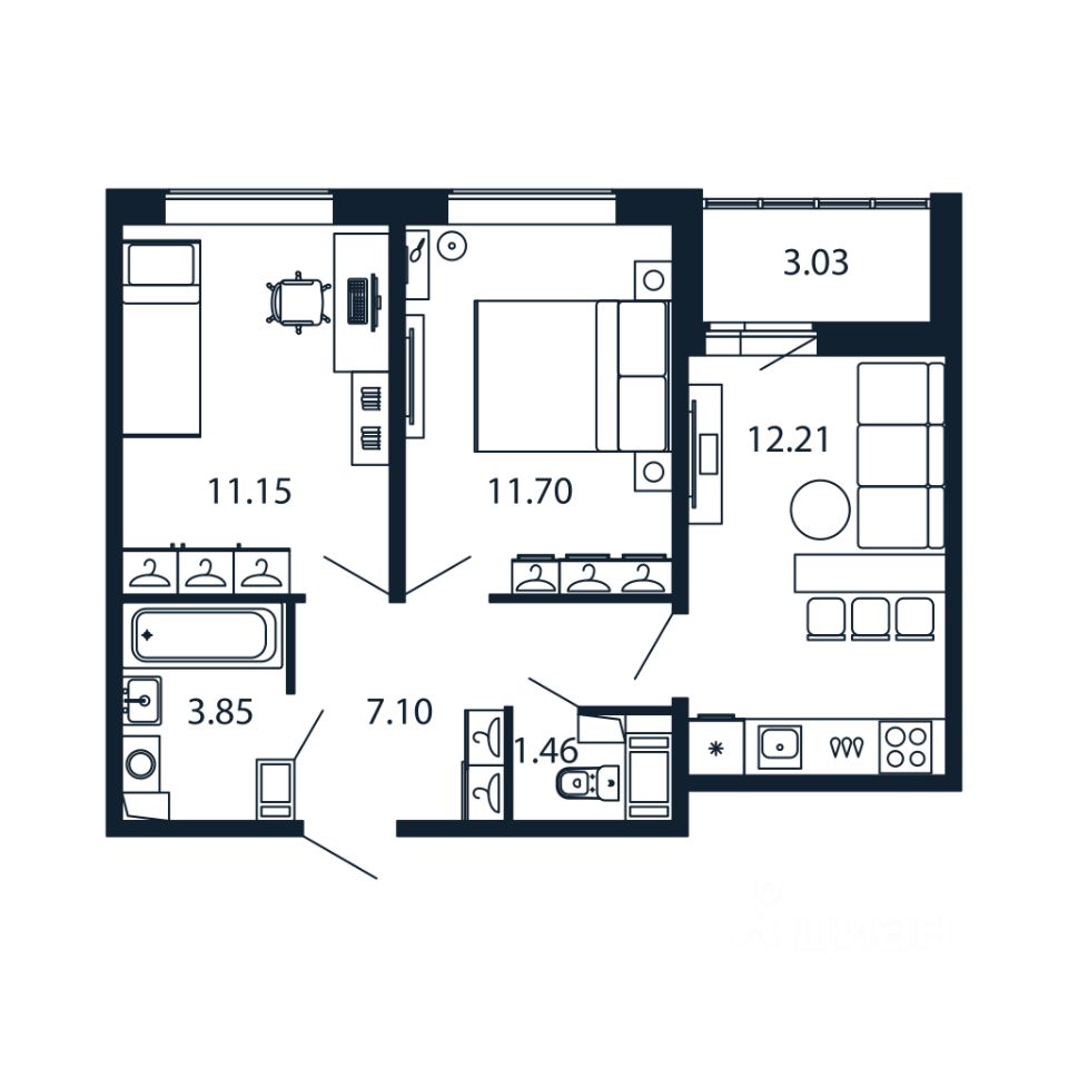 2-комн.кв., 46,2 м², 6/12 этаж
