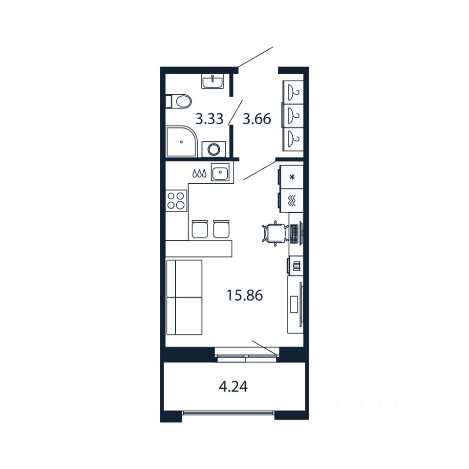 Студия, 22,6 м², 7/12 этаж