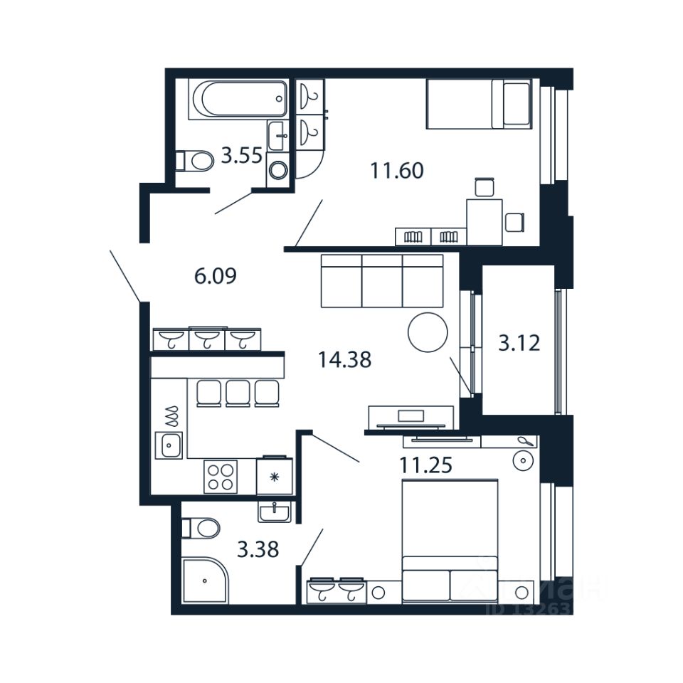 2-комн.кв., 50 м², 2/12 этаж