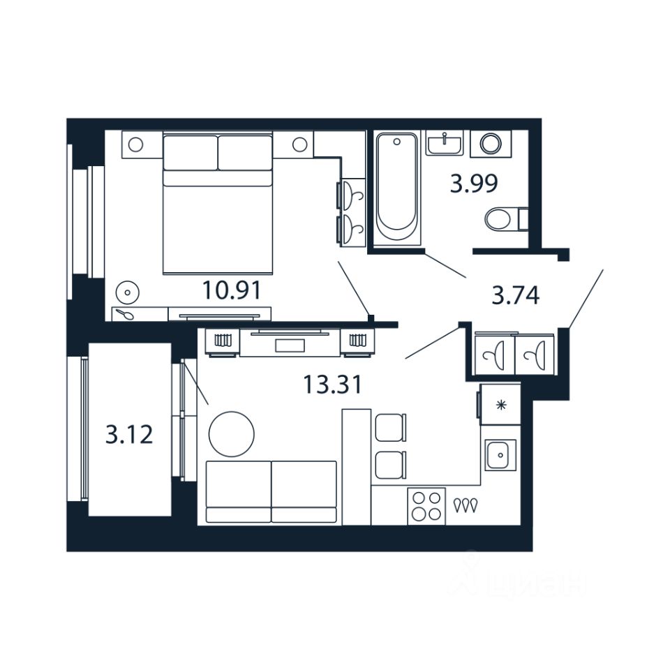 1-комн.кв., 31,8 м², 3/12 этаж