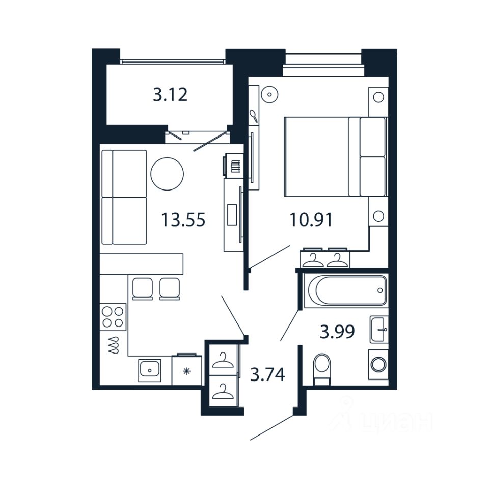 1-комн.кв., 32 м², 6/12 этаж