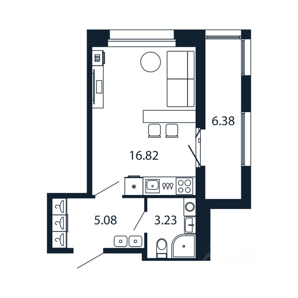 Студия, 25 м², 6/12 этаж
