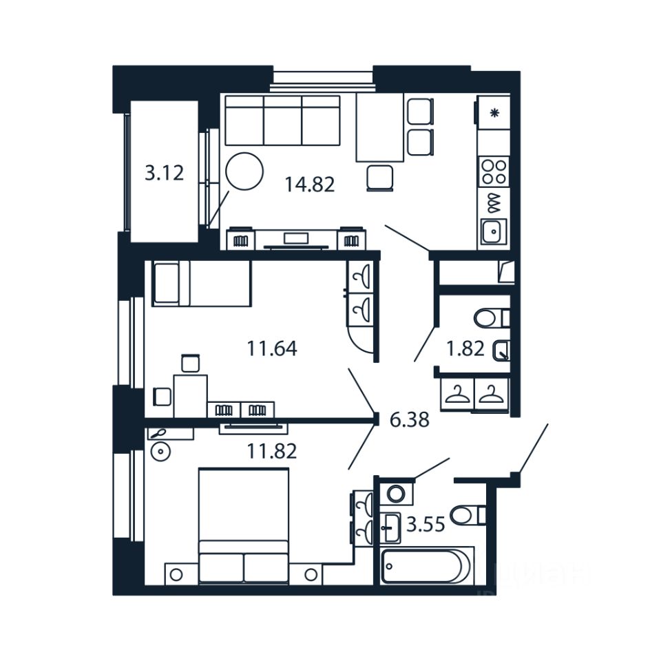 2-комн.кв., 49,5 м², 2/12 этаж