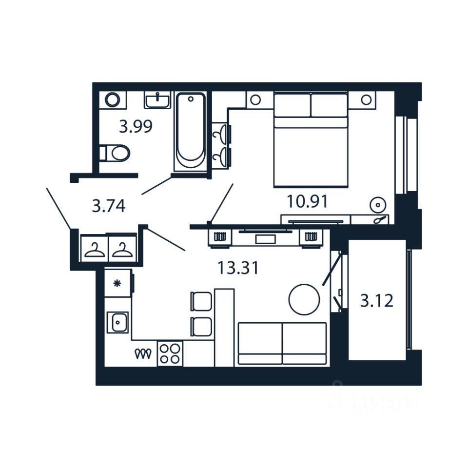 1-комн.кв., 31,6 м², 10/12 этаж