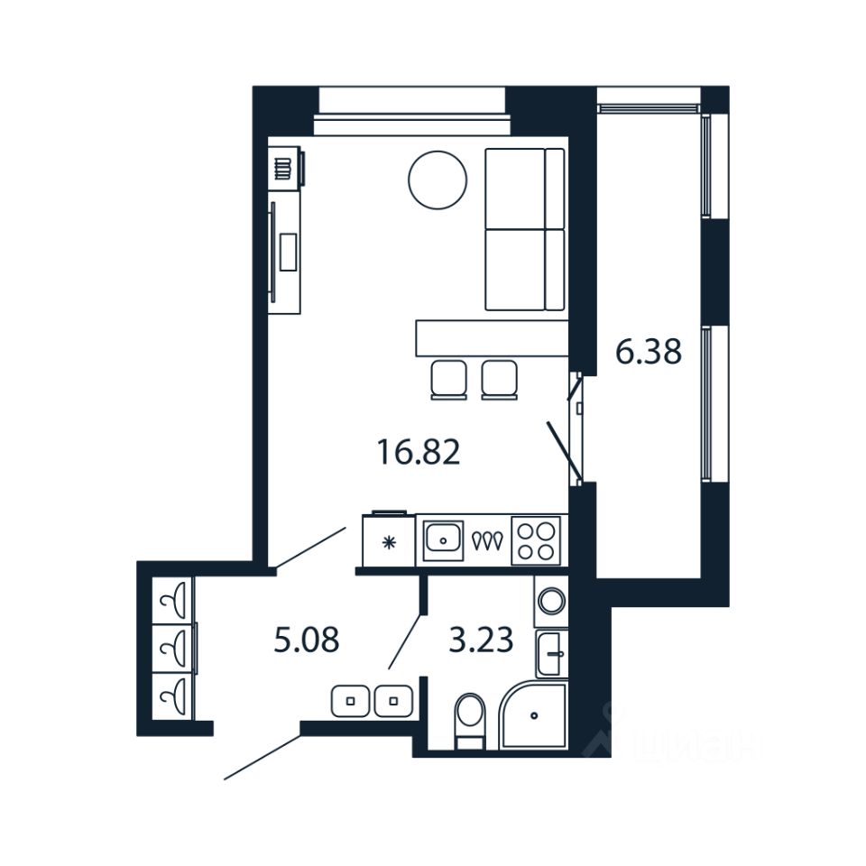 Студия, 24,9 м², 3/12 этаж