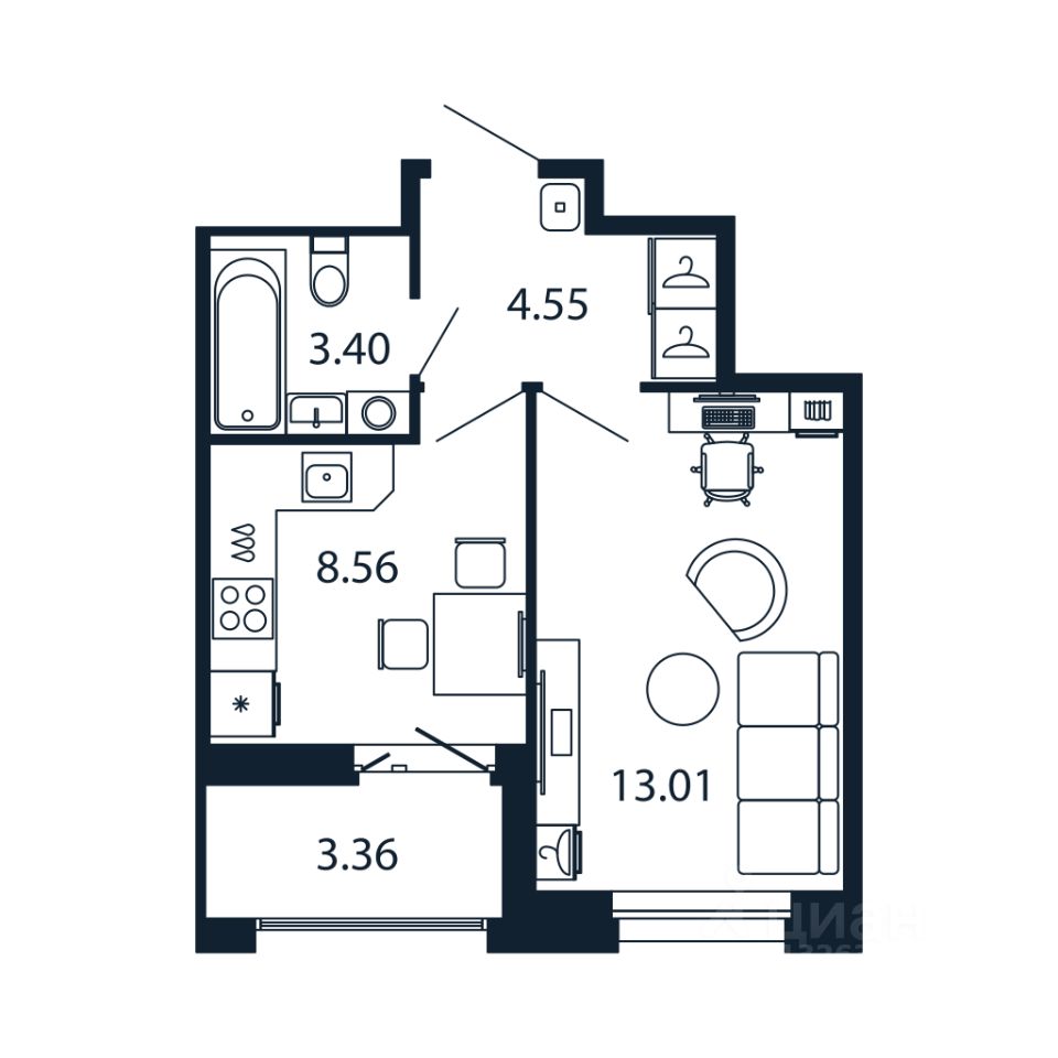 1-комн.кв., 29,3 м², 6/12 этаж