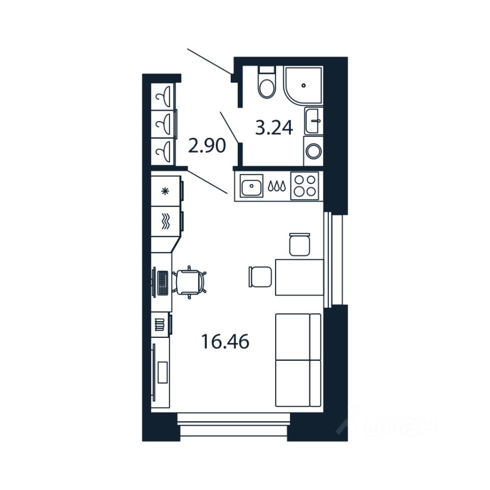 Студия, 22,5 м², 2/12 этаж