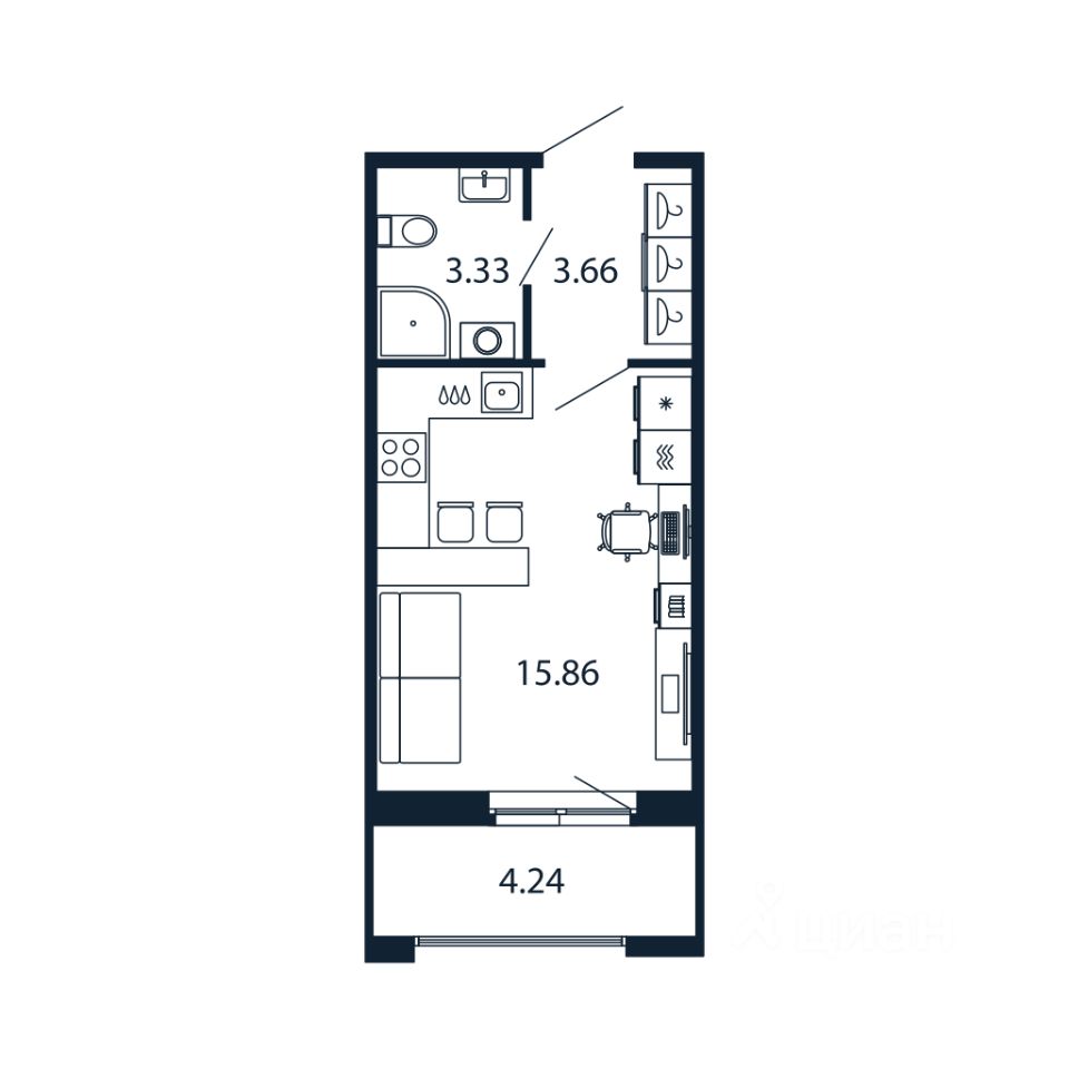 Студия, 22,6 м², 8/12 этаж